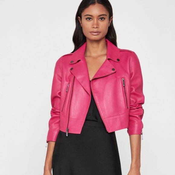 NEW BCBG BCBGMaxAzria  HOT Pink Genuine Leather crop Jacket S Small - Picture 1 of 17